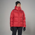 Adrenaline Red Montane Women's Glacium Hooded Down Jacket Model Front FGLAHADR