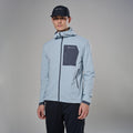 Frost Blue Montane Men's Khamsin Lite Hooded Softshell Jacket Model Front MKHLHFRO